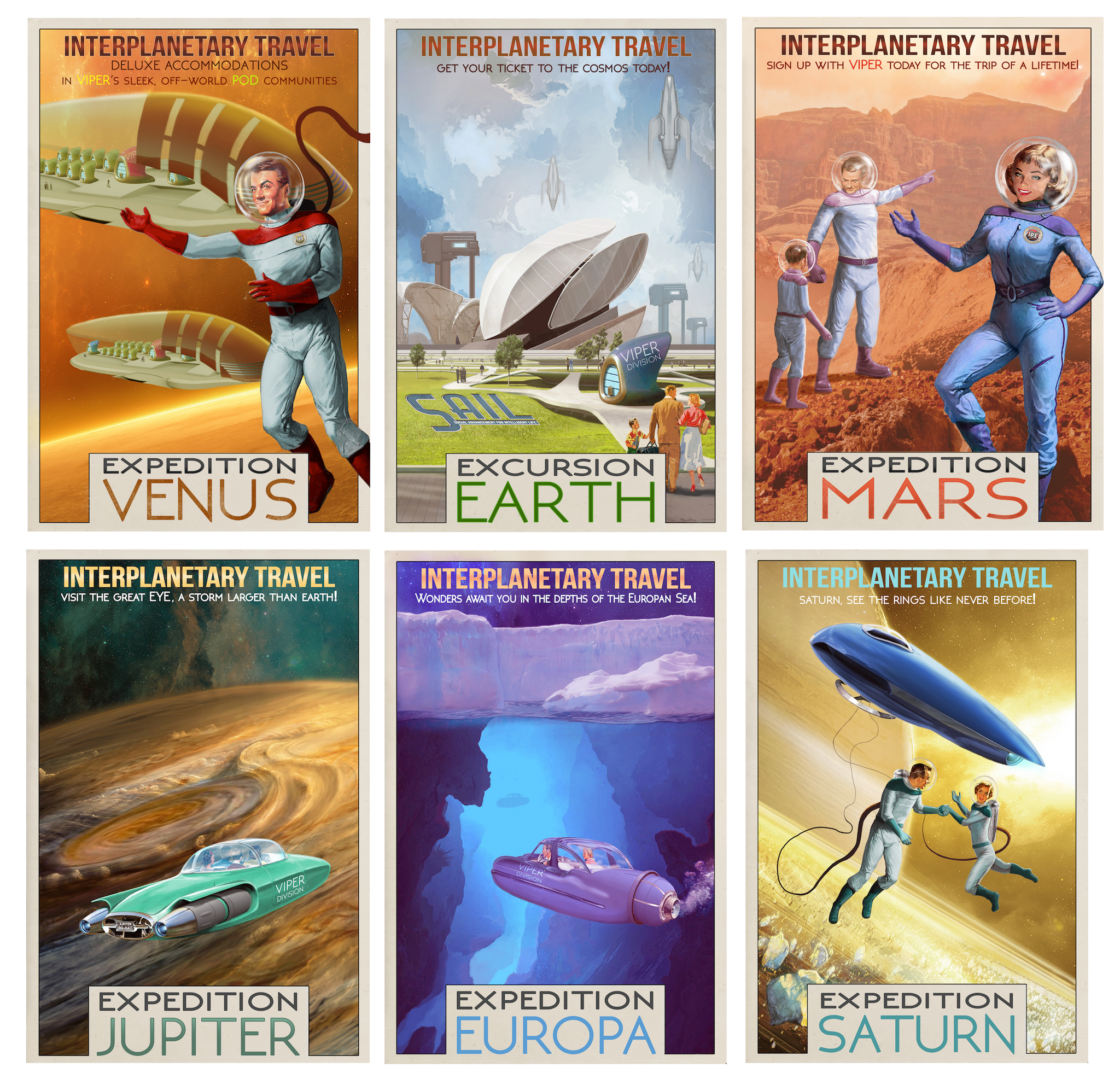 Interplanetary Travel Set of 6, Space Poster Art