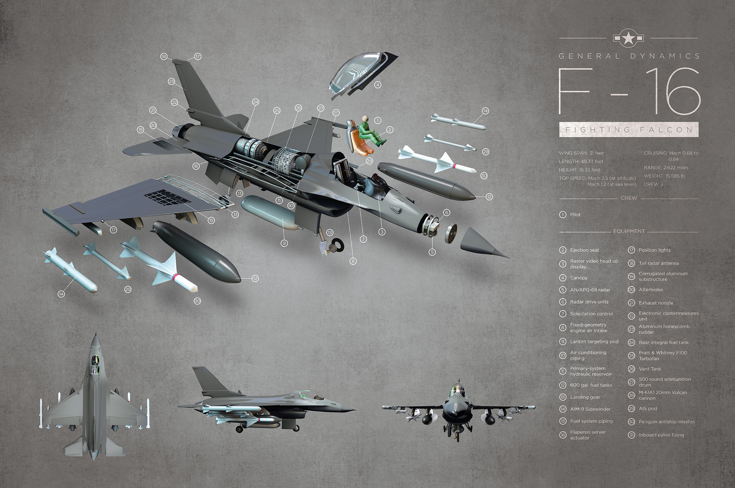 F-16 Fighter Jet Exploded View Art