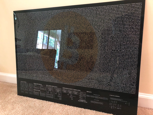 Bitcoin Satoshi Nakamoto Whitepaper Art Offered on Glass and Limited to 10