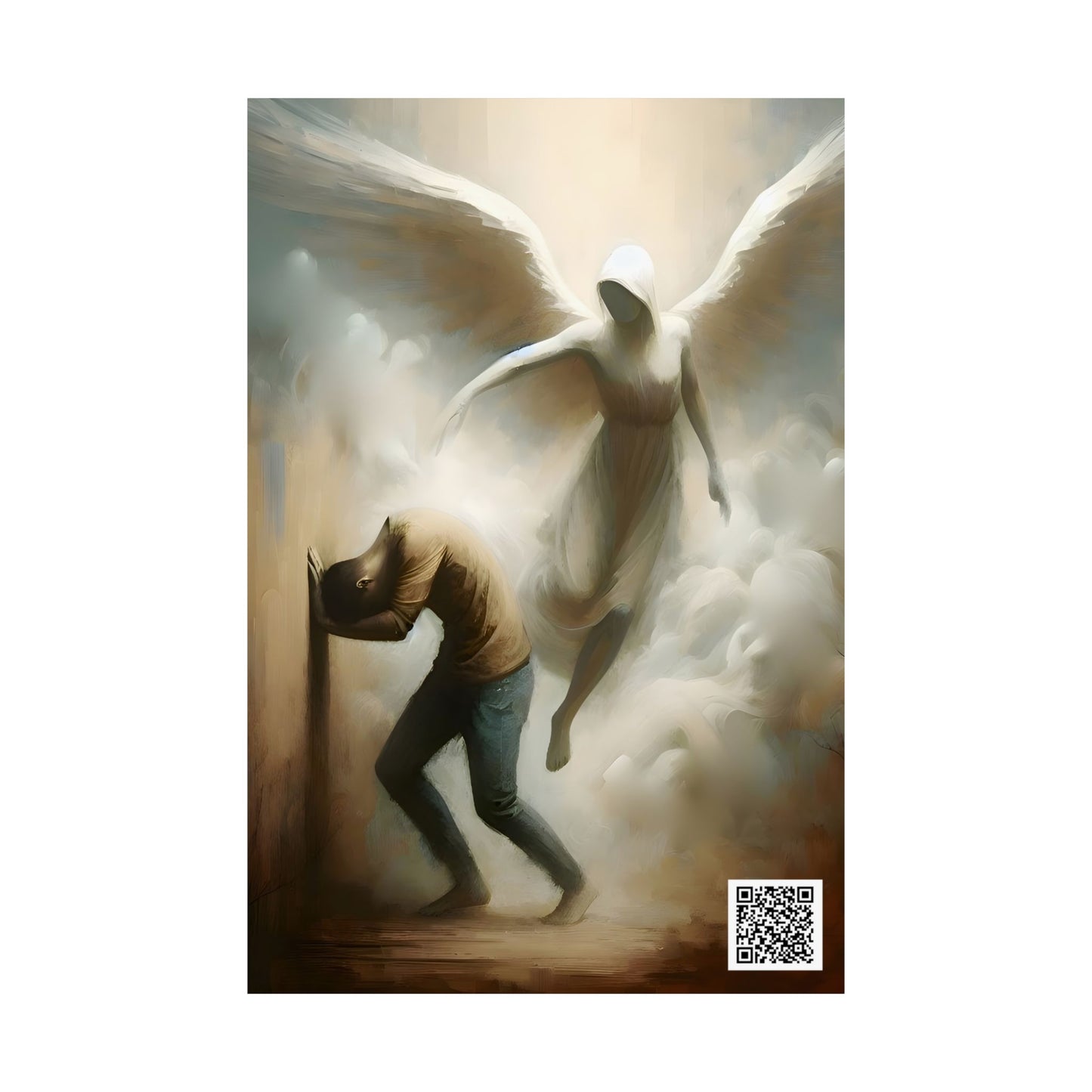 Angelic Guidance Art - WITH QR Code Linking To Prayers For Peace Art Print - Spiritual Warfare Battles We Cannot See Angels Protection