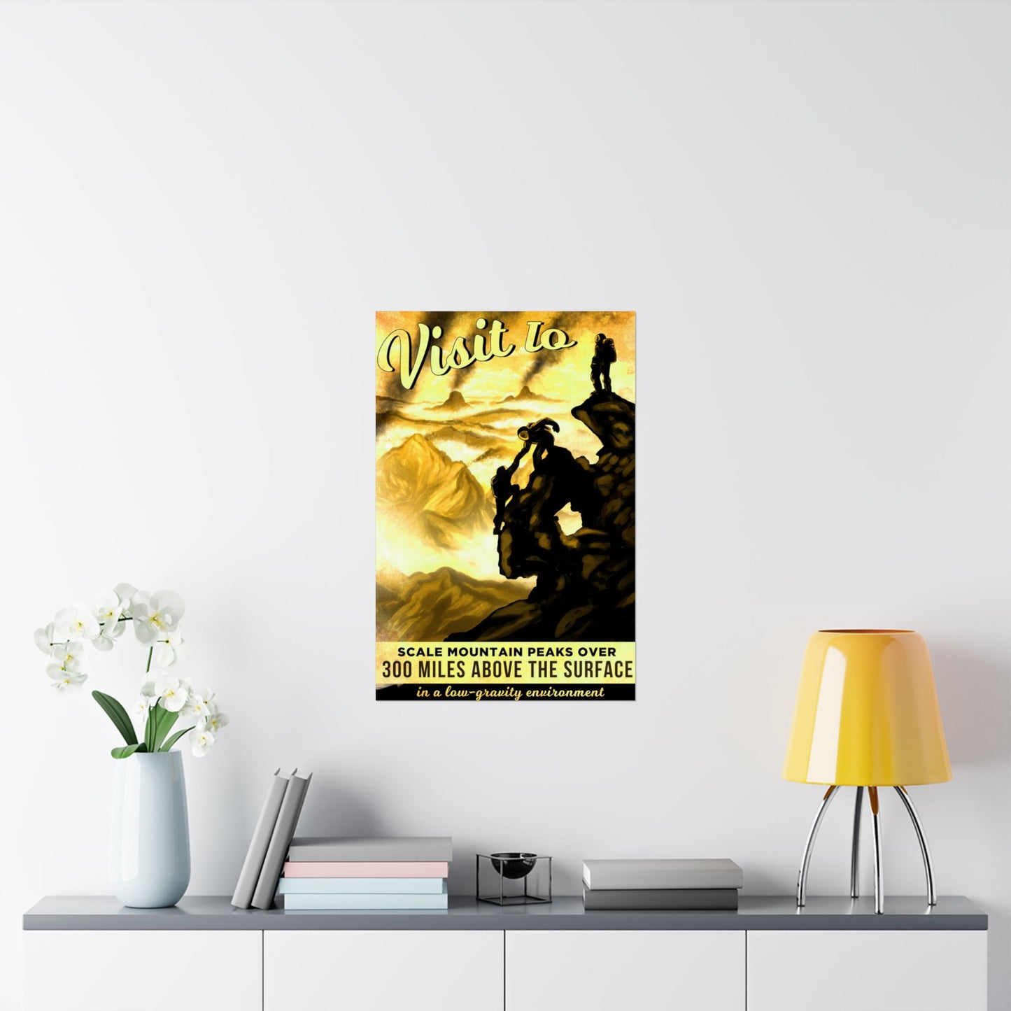 Visit to Scale Mountain Peaks of the Io Moon of Jupiter - Adventure-Inspired Space Futuristic Themed Matte Vertical Poster