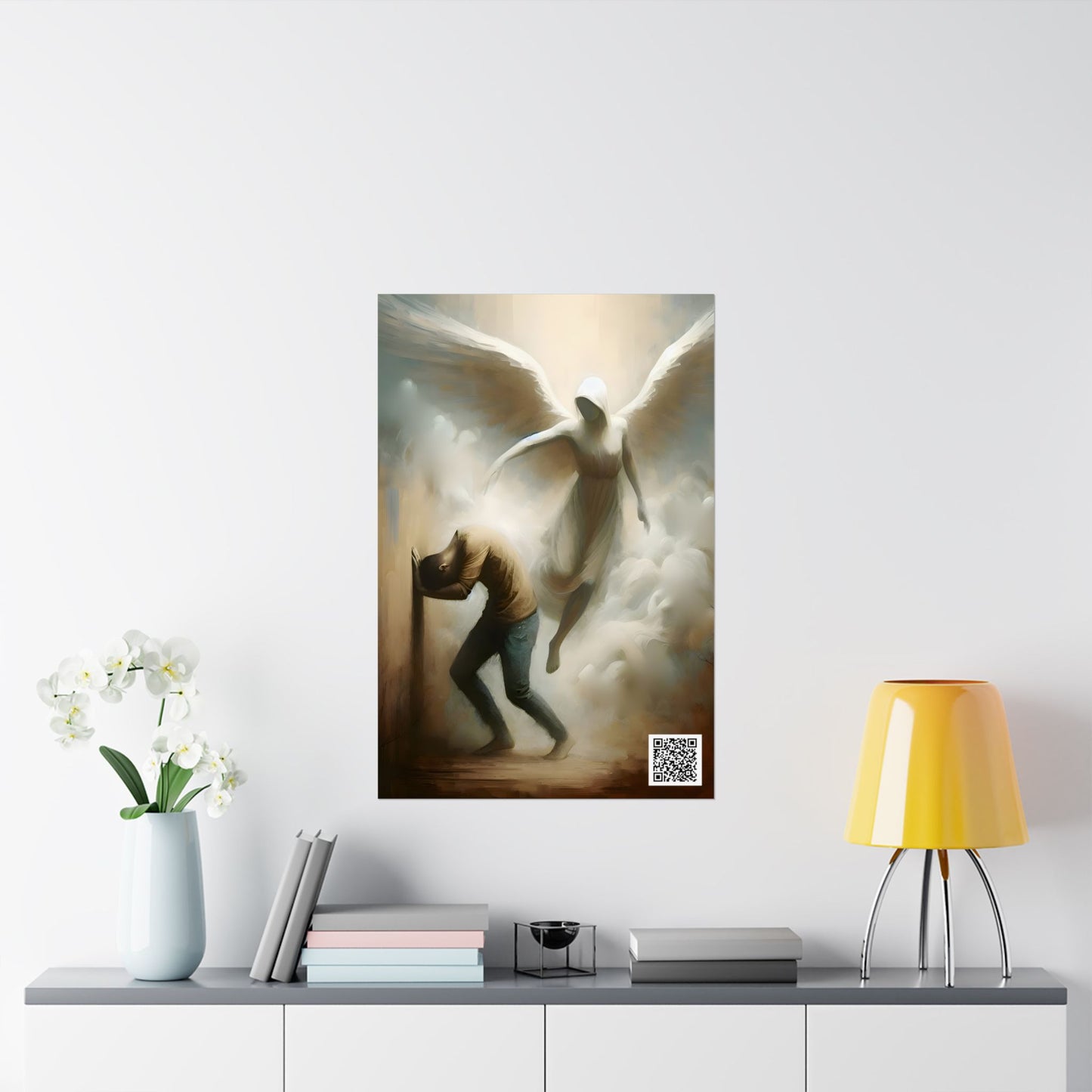 Angelic Guidance Art - WITH QR Code Linking To Prayers For Peace Art Print - Spiritual Warfare Battles We Cannot See Angels Protection