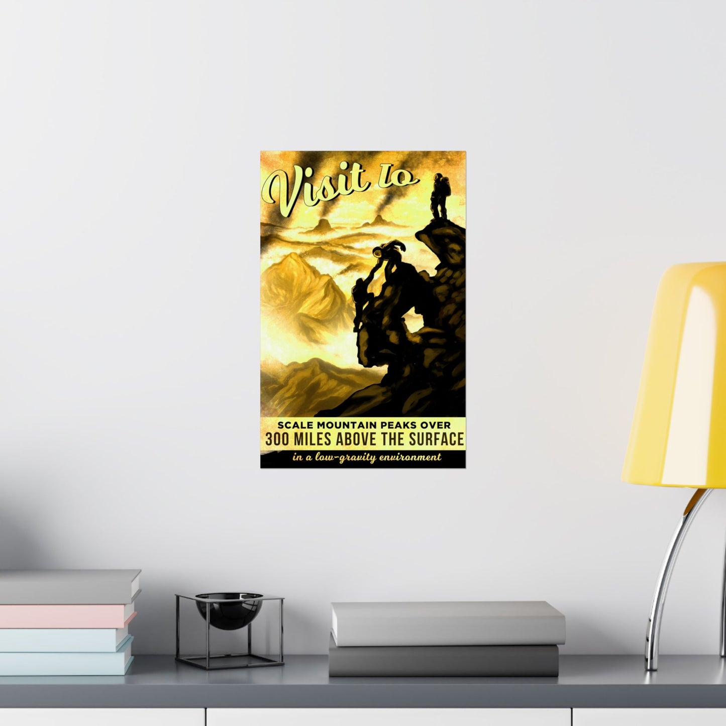 Visit to Scale Mountain Peaks of the Io Moon of Jupiter - Adventure-Inspired Space Futuristic Themed Matte Vertical Poster