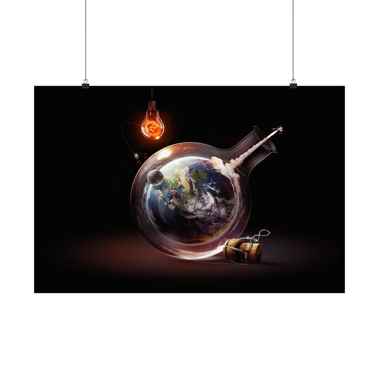 Bottled Earth Space Rocket Science-Themed Matte Horizontal Poster - Earth in a Flask Art Print