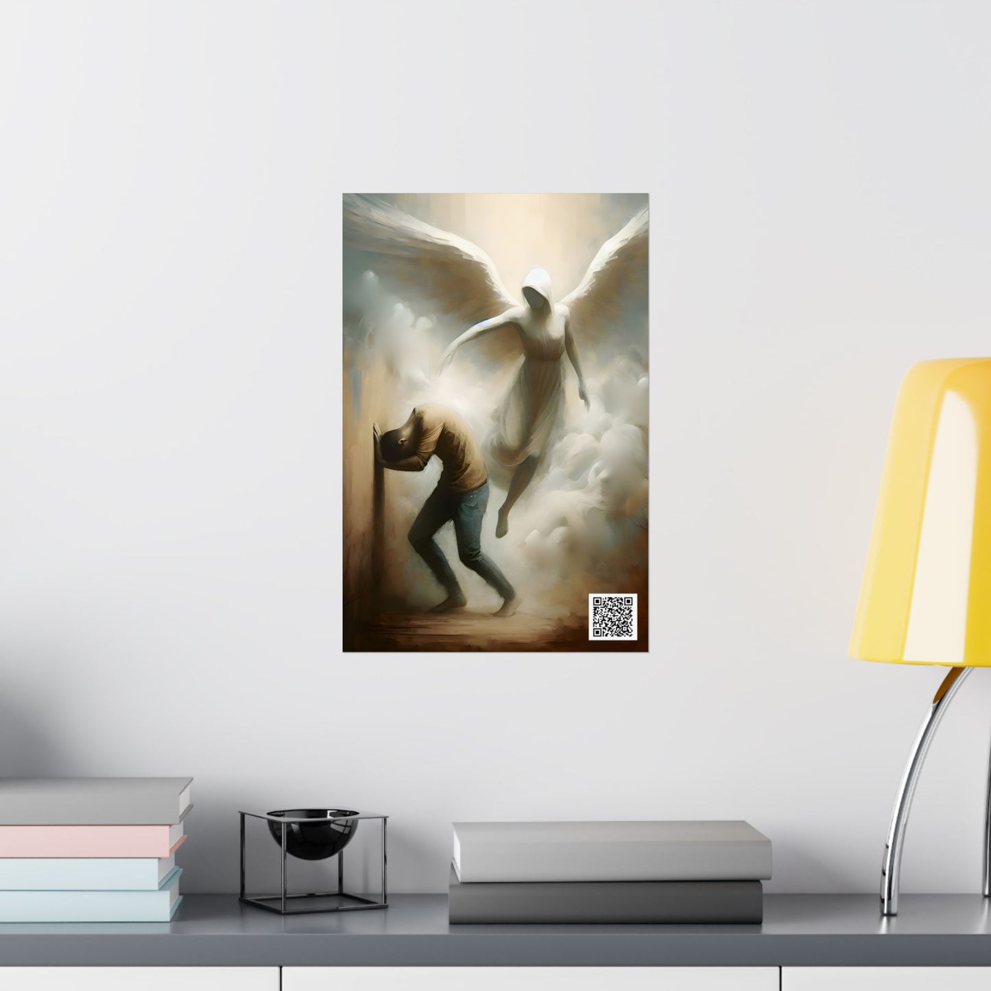 Angelic Guidance Art - WITH QR Code Linking To Prayers For Peace Art Print - Spiritual Warfare Battles We Cannot See Angels Protection