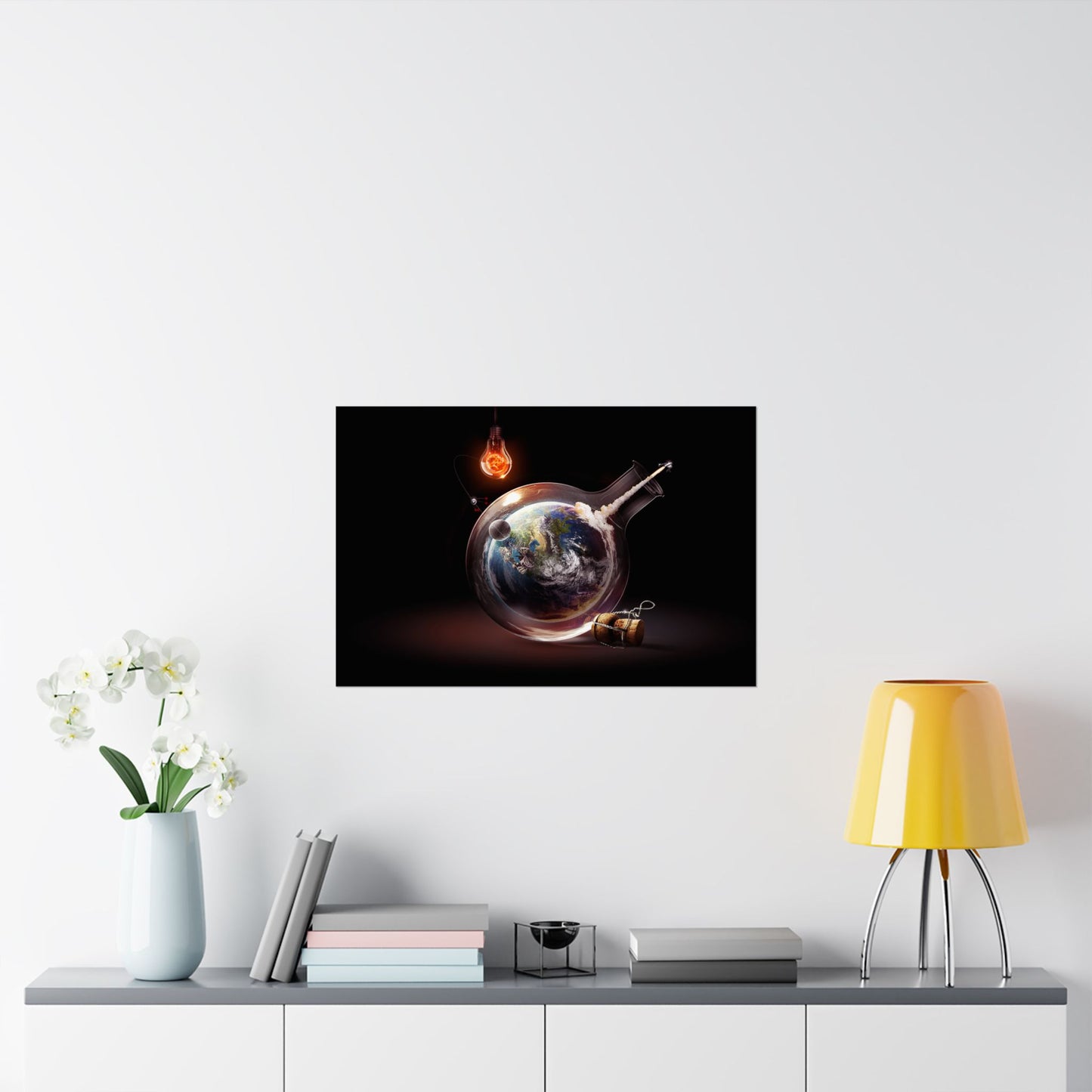 Bottled Earth Space Rocket Science-Themed Matte Horizontal Poster - Earth in a Flask Art Print