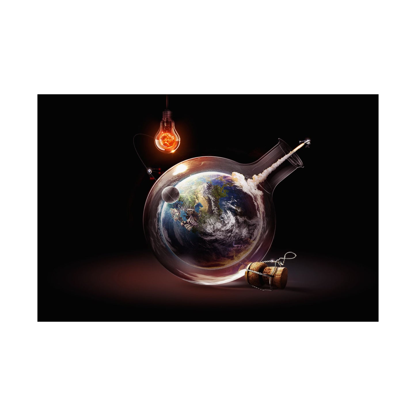 Bottled Earth Space Rocket Science-Themed Matte Horizontal Poster - Earth in a Flask Art Print