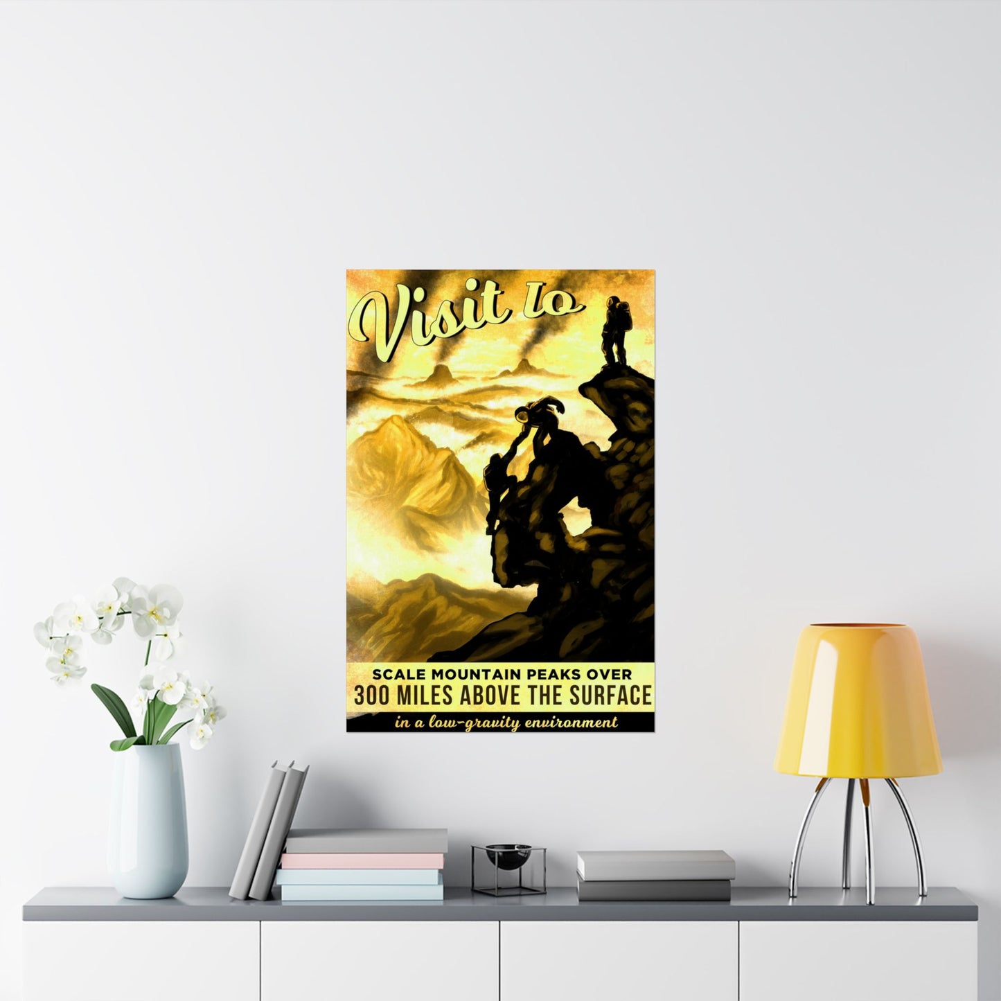 Visit to Scale Mountain Peaks of the Io Moon of Jupiter - Adventure-Inspired Space Futuristic Themed Matte Vertical Poster