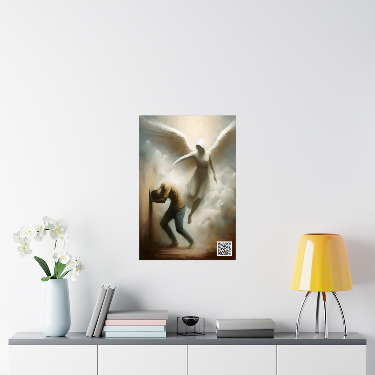 Angelic Guidance Art - WITH QR Code Linking To Prayers For Peace Art Print - Spiritual Warfare Battles We Cannot See Angels Protection