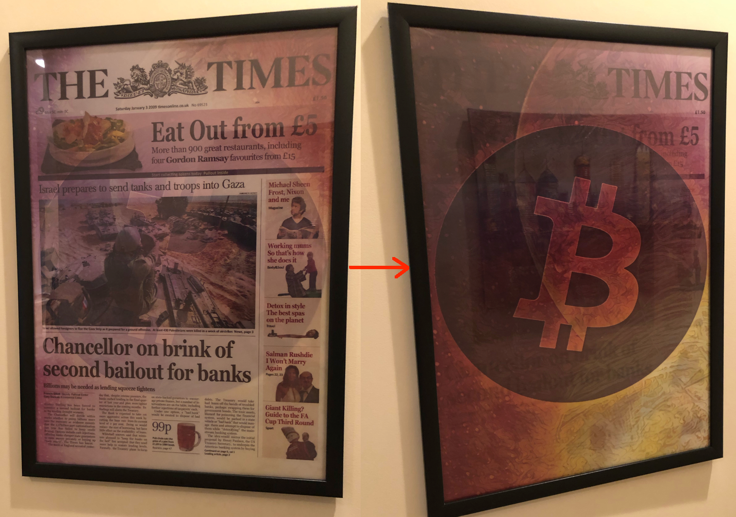 Transitional Lenticular Bitcoin 'The Times' Chancellor On Brink / BItcoin Quantum Leap, Limited to 21