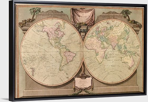 A New Map of The World Vintage Map, Canvas with Floating Frame, 48"x32"